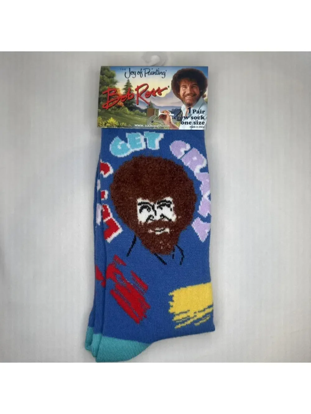 Bob Ross 3D Fuzzy Hair Crew Socks Get Crazy Blue Portrait Retro 80s NWT
